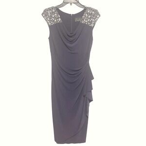 Alex Evenings Cocktail Dress Royal Blue Jersey Beaded Shoulder Draped Formal